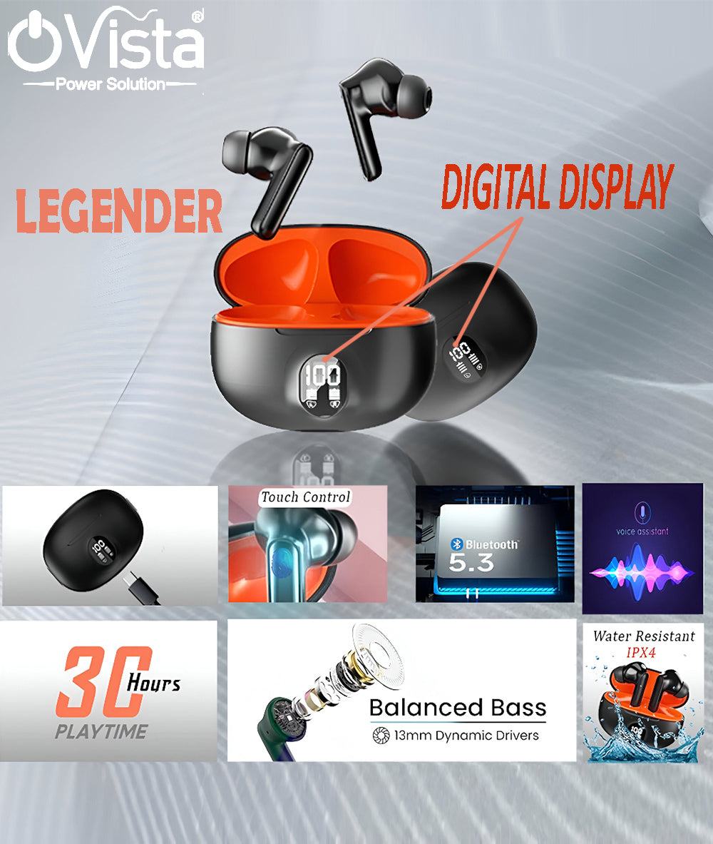 Ovista Legender TWS ||30H Playtime|| Digital Display|| Buds Wireless with Large Playtime, Noise Isolation & Clear Calls, Bluetooth Earbuds with Voice Assistant, Ear Buds with Bluetooth V 5.3 & with Type C Fast Charging, IPX4 TWS Earphones
