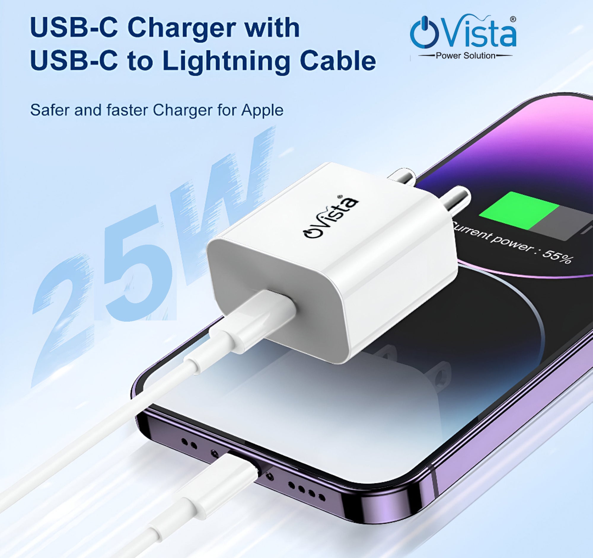 Ovista Pd Charger Adapter 25W with Original Type-C to Lightning Cable, 25W Fast Charging Cable Compatible with iPhone 14, 13, 12,11, X, 8, 7, 6, 5, Pro,Max, iPad, Macbook, iMac, AirPods, Supports CarPlay, 1.2m with PD 3.0 USB-C Fast Charging Adaptor