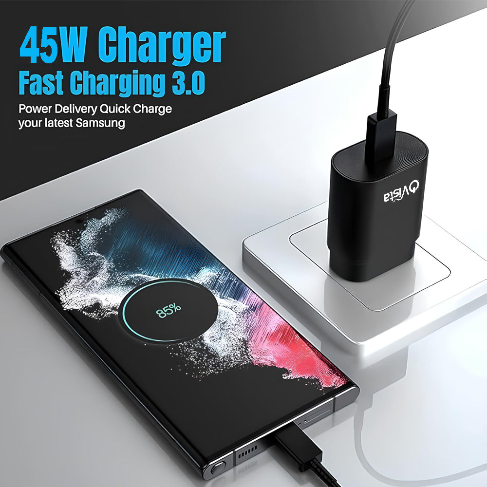 Ovista S-45W PD C-Type Super-Fast Charger Adapter for Samsung Galaxy S25/S25 Plus/S25 Ultra/S24/23/22/21 (Ultra/Plus/FE) A56/Note 20/S10 5G/9/8/M16 (S/A/F/M Series) USB C PD 3.0 Charge Adapter 45 w, Black
