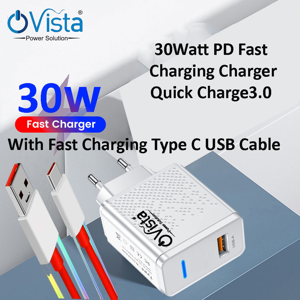 Ovista 30Watt PD Charger| Fast Charging Wall Adapter| Quick Charge 3.0 Phone Charging| and USB to Type C 100 cm Cable Compatible with Oneplus, Samsung, Realme, Xiaomi and Oppo Mobiles, Dash, Warp, Vooc, Supervooc All Protocols Supported