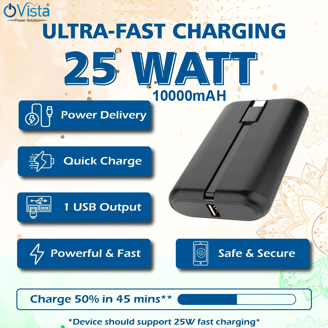 Ovista PRB060 10000 mAh Premium Edition Nano Power Bank | 25W Super Fast Charging | Pocket Size| Dual Type C Power Delivery (PD) Output + 1 USB Output for Quick Charge | Three-Way Fast Charge (Black) pocket size powerbank