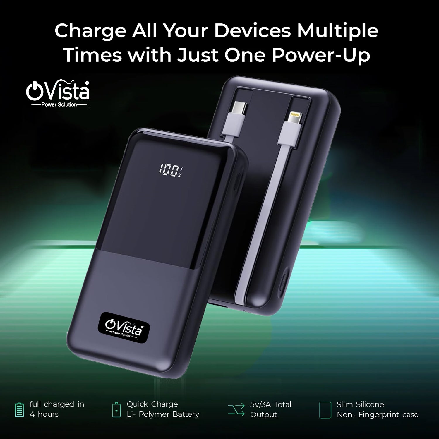 Ovista Dynamo 10000mAh 25W QC-PD Power Bank, Fast Charging, Type C Input|| Built-in USB-C Cable & 8pin lightening cable||  3 Output Ports compatible for Lenovo, HP, Dell, Microsoft, MacBook, iPad, iPhone, Apple Watches, Samsung and More - Black