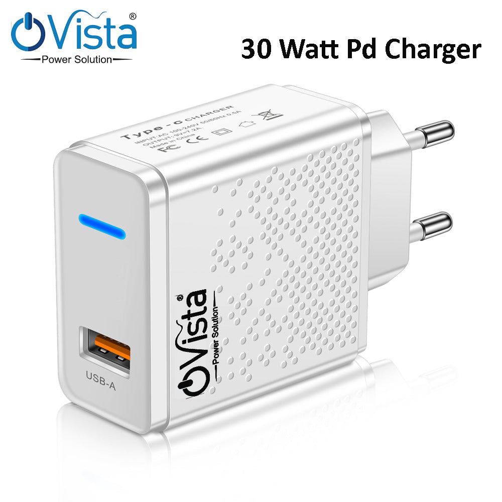 Ovista 30Watt PD Charger| Fast Charging Wall Adapter| Quick Charge 3.0 Phone Charging| and USB to Type C 100 cm Cable Compatible with Oneplus, Samsung, Realme, Xiaomi and Oppo Mobiles, Dash, Warp, Vooc, Supervooc All Protocols Supported
