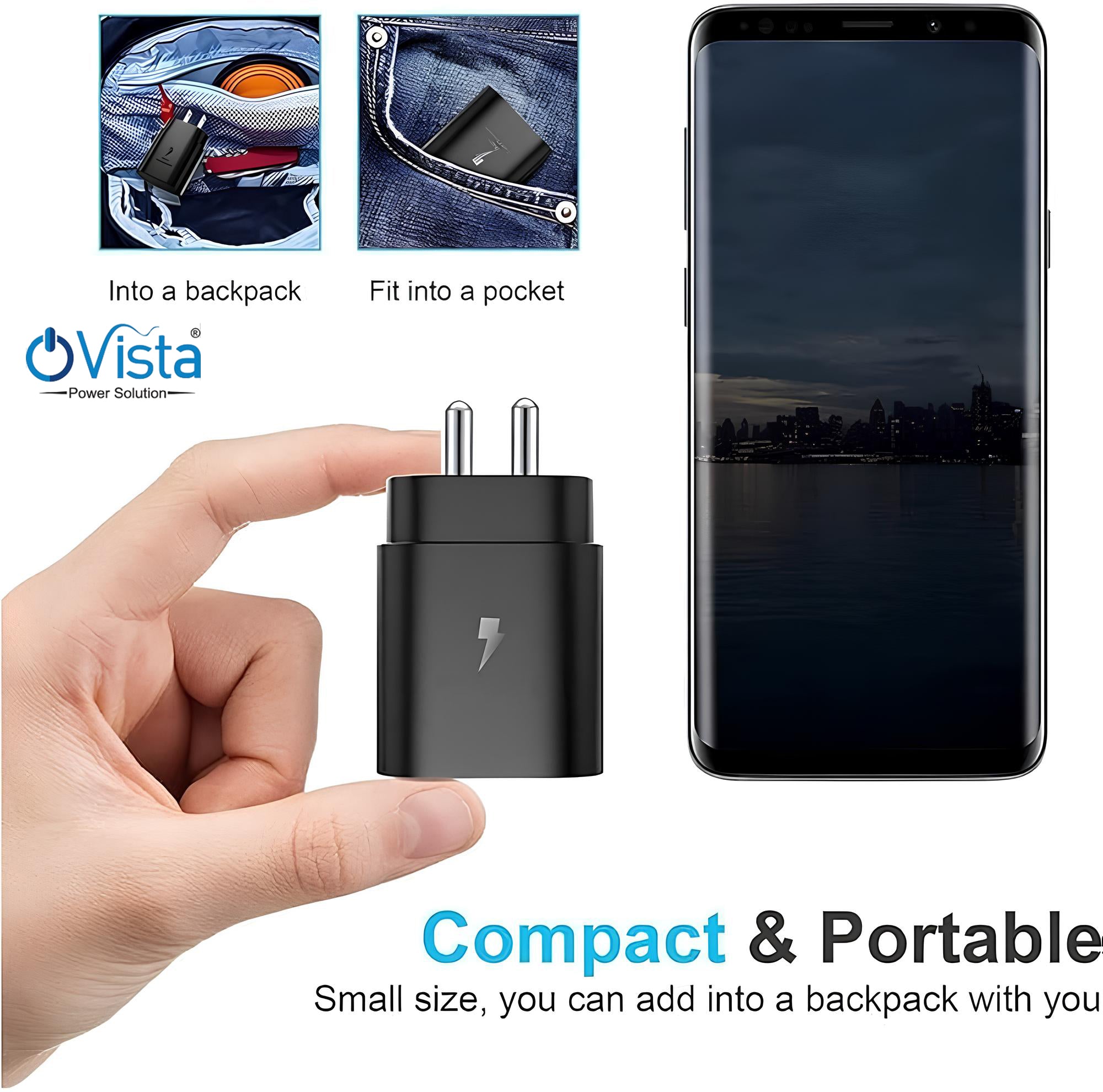 Ovista S-45W PD C-Type Super-Fast Charger Adapter for Samsung Galaxy S25/S25 Plus/S25 Ultra/S24/23/22/21 (Ultra/Plus/FE) A56/Note 20/S10 5G/9/8/M16 (S/A/F/M Series) USB C PD 3.0 Charge Adapter 45 w, Black