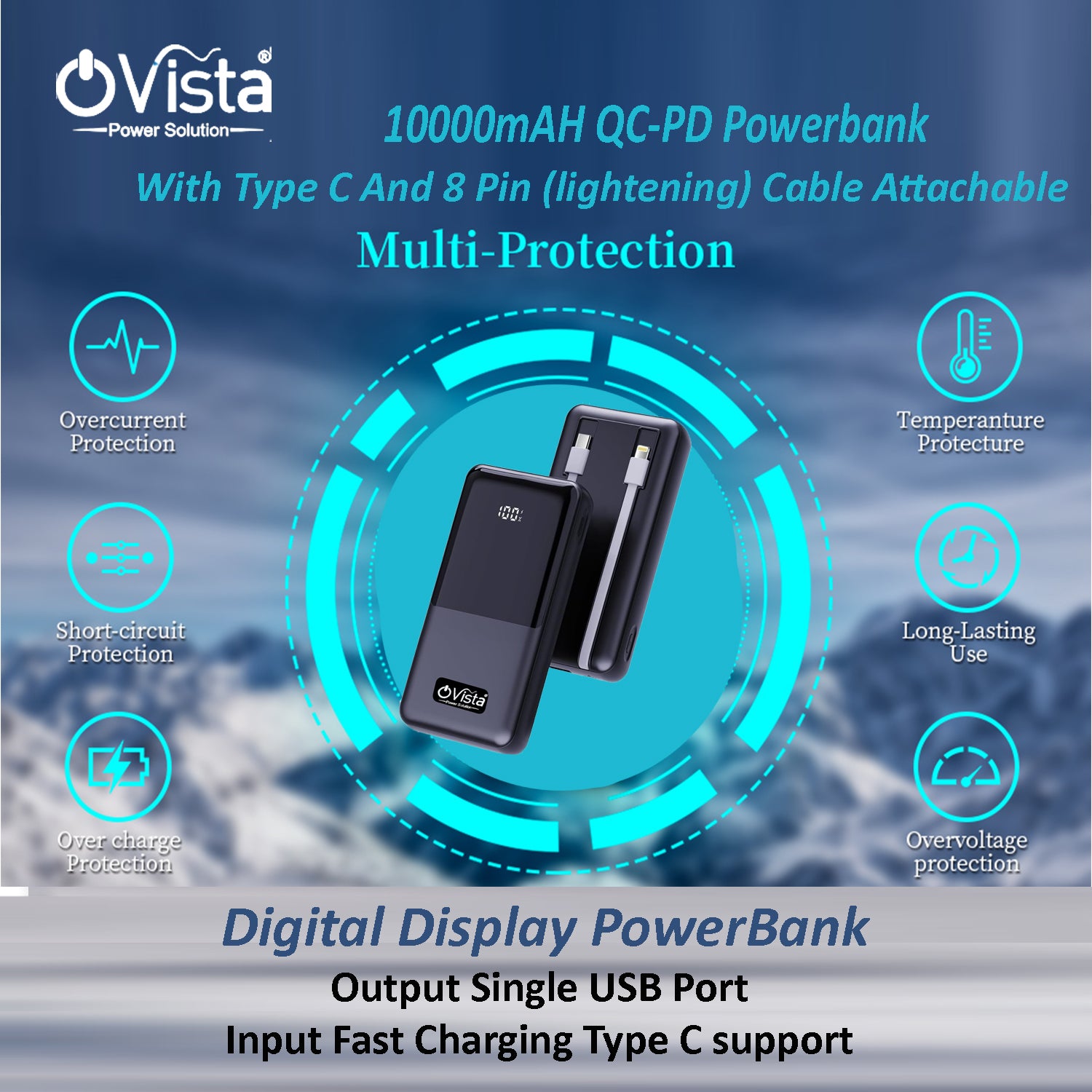 Ovista Dynamo 10000mAh 25W QC-PD Power Bank, Fast Charging, Type C Input|| Built-in USB-C Cable & 8pin lightening cable||  3 Output Ports compatible for Lenovo, HP, Dell, Microsoft, MacBook, iPad, iPhone, Apple Watches, Samsung and More - Black