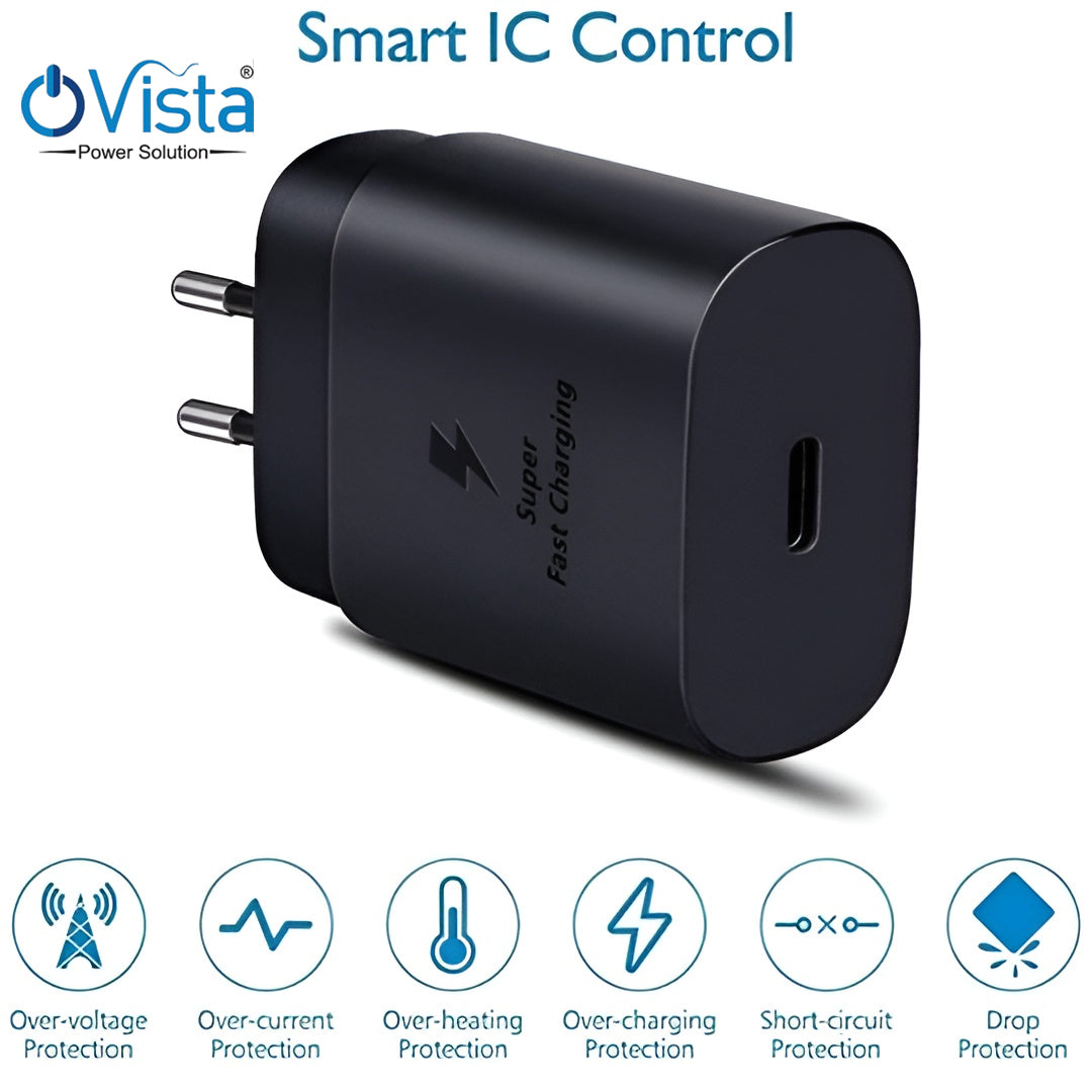 Ovista S-45W PD C-Type Super-Fast Charger Adapter for Samsung Galaxy S25/S25 Plus/S25 Ultra/S24/23/22/21 (Ultra/Plus/FE) A56/Note 20/S10 5G/9/8/M16 (S/A/F/M Series) USB C PD 3.0 Charge Adapter 45 w, Black USB-C to USB-C Charger