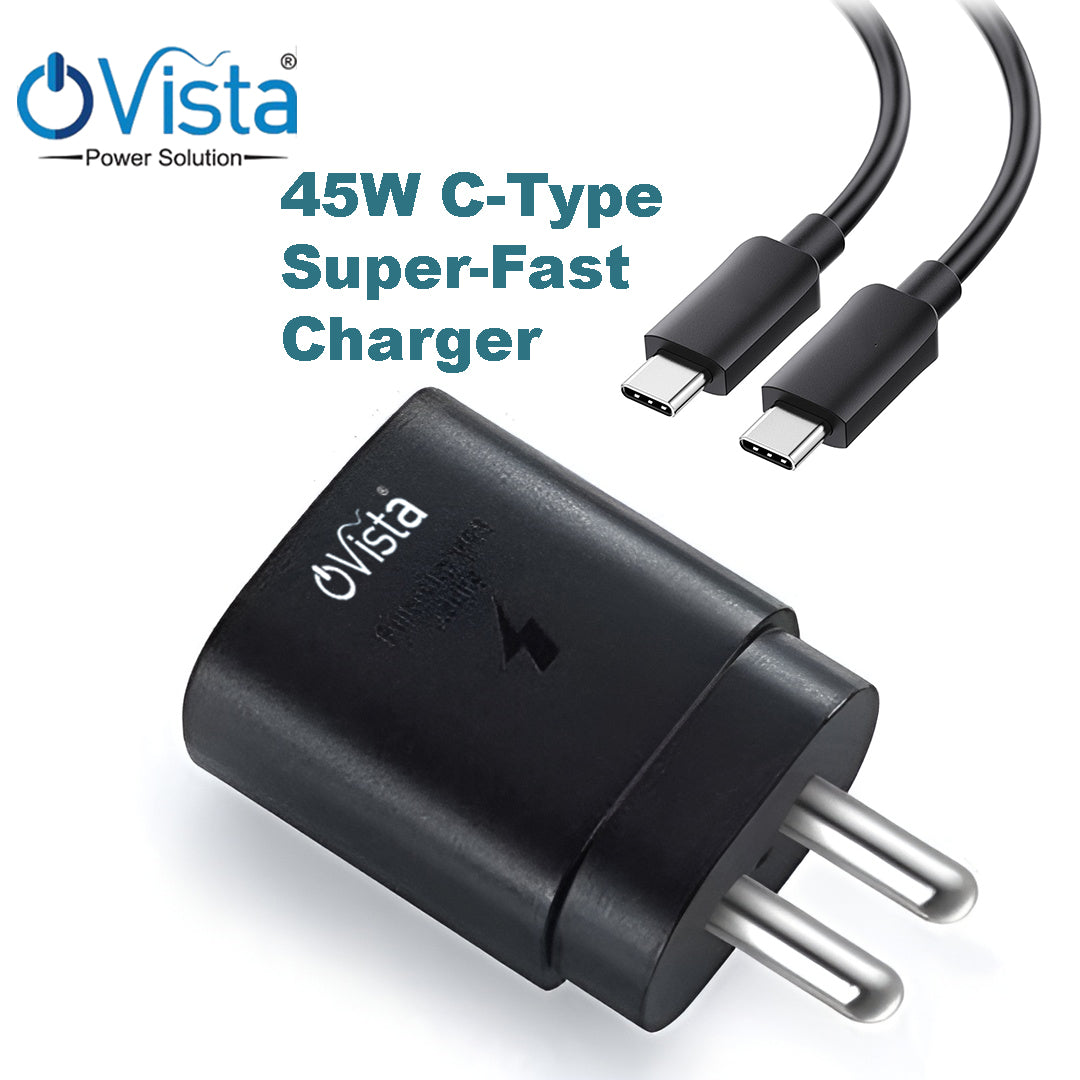 Ovista S-45W PD C-Type Super-Fast Charger Adapter for Samsung Galaxy S25/S25 Plus/S25 Ultra/S24/23/22/21 (Ultra/Plus/FE) A56/Note 20/S10 5G/9/8/M16 (S/A/F/M Series) USB C PD 3.0 Charge Adapter 45 w, Black USB-C to USB-C Charger