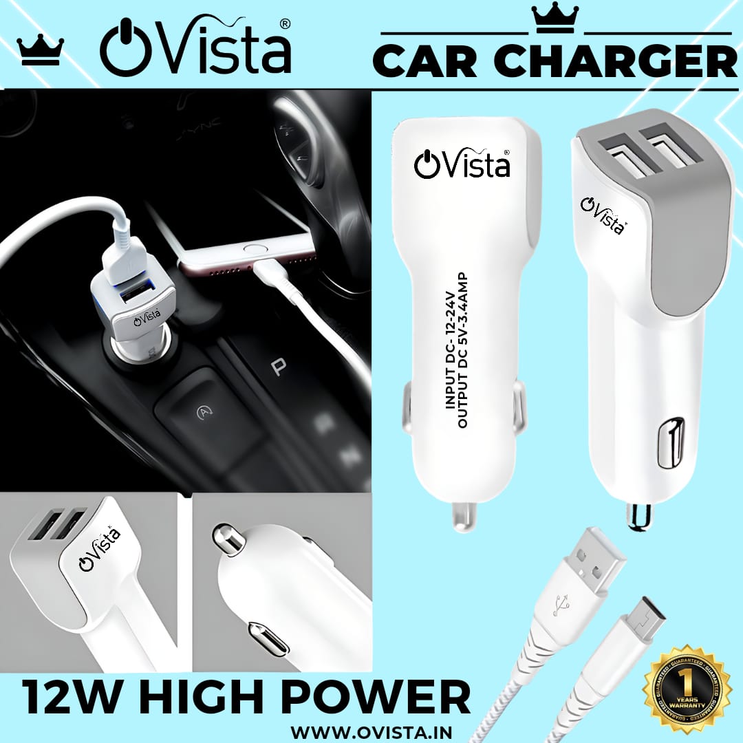 Ovista Dual USB Port Car Charger - High Speed Turbo Mobile Charger 12W, 3.4A (car charger)