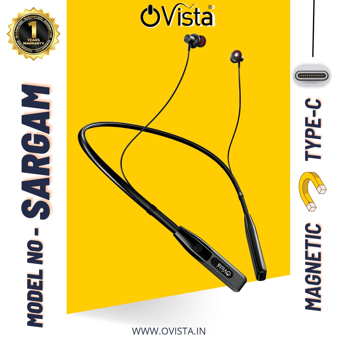 Ovista Bluetooth Neckband with 50 Hours Playtime, Mic, and ENC Noise Cancellation with Magnetic Earbuds, Voice Assistant (Sargam)