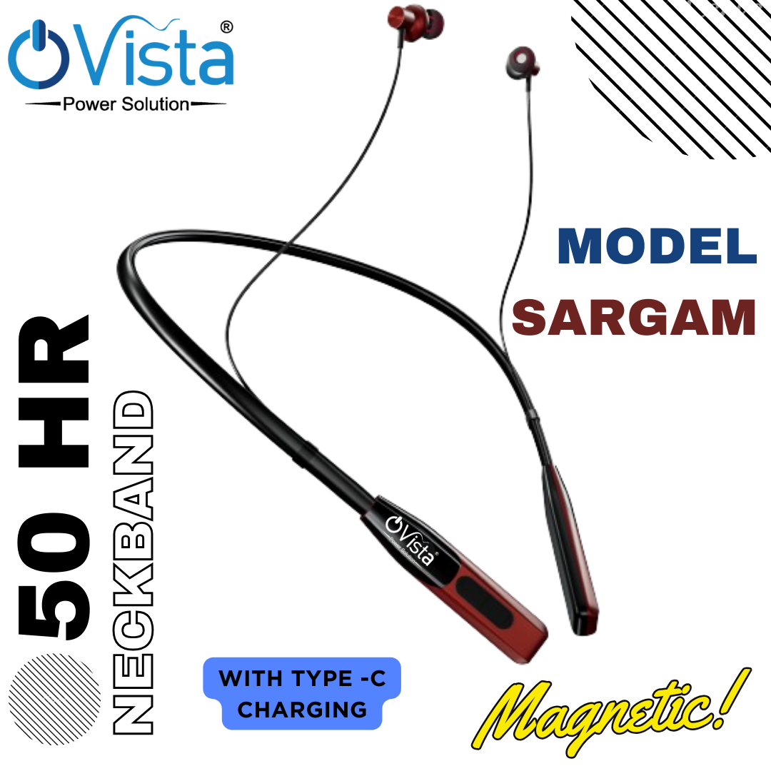 Ovista Bluetooth Neckband with 50 Hours Playtime, Mic, and ENC Noise Cancellation with Magnetic Earbuds, Voice Assistant (Sargam)