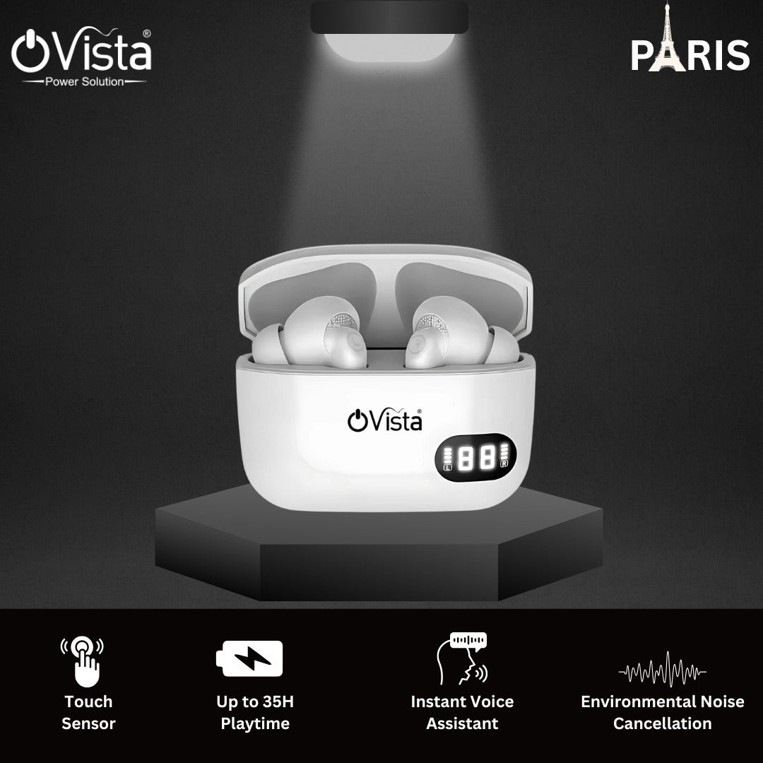 Ovista True Wireless Earbuds Up to 35H Playtime High Bass Clear Sound Quality, Passive NoisSe Cancellation, 10mm Dynamic Drivers, Premium Design, IPX4, Fast Charging (PARIS)