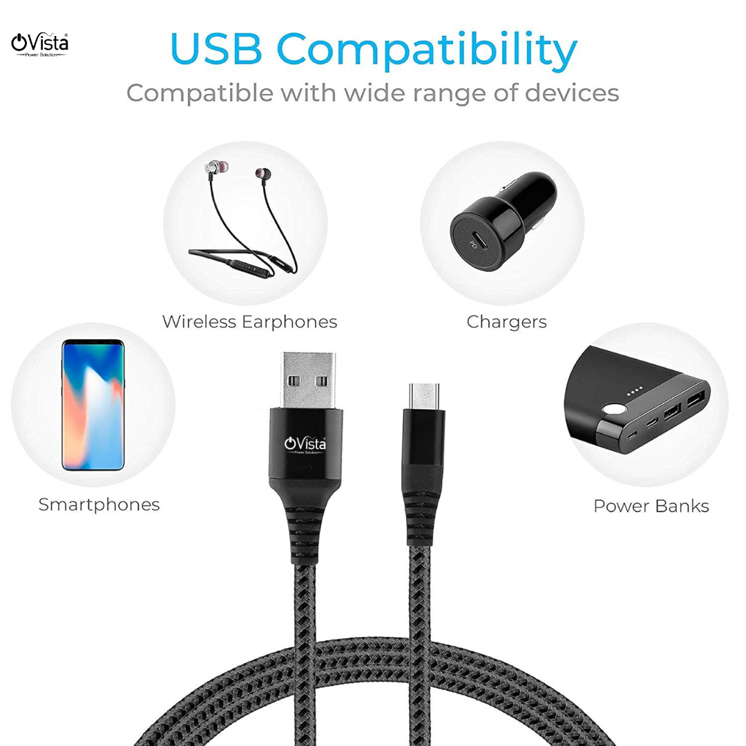 Ovista 3.1A Super Fast Charging Type C Data Cable with Stress Resistant, Tangle-free, & 480Mbps Data Transmission, 10000+ Bends Lifespan and Extended 1m Length (Ovdm003)