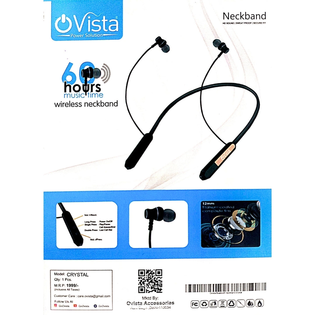 Ovista CRYSTAL Wireless Neckband | 60H Music Time | Type-C Fast Charging | HD Sound | Sports Fit