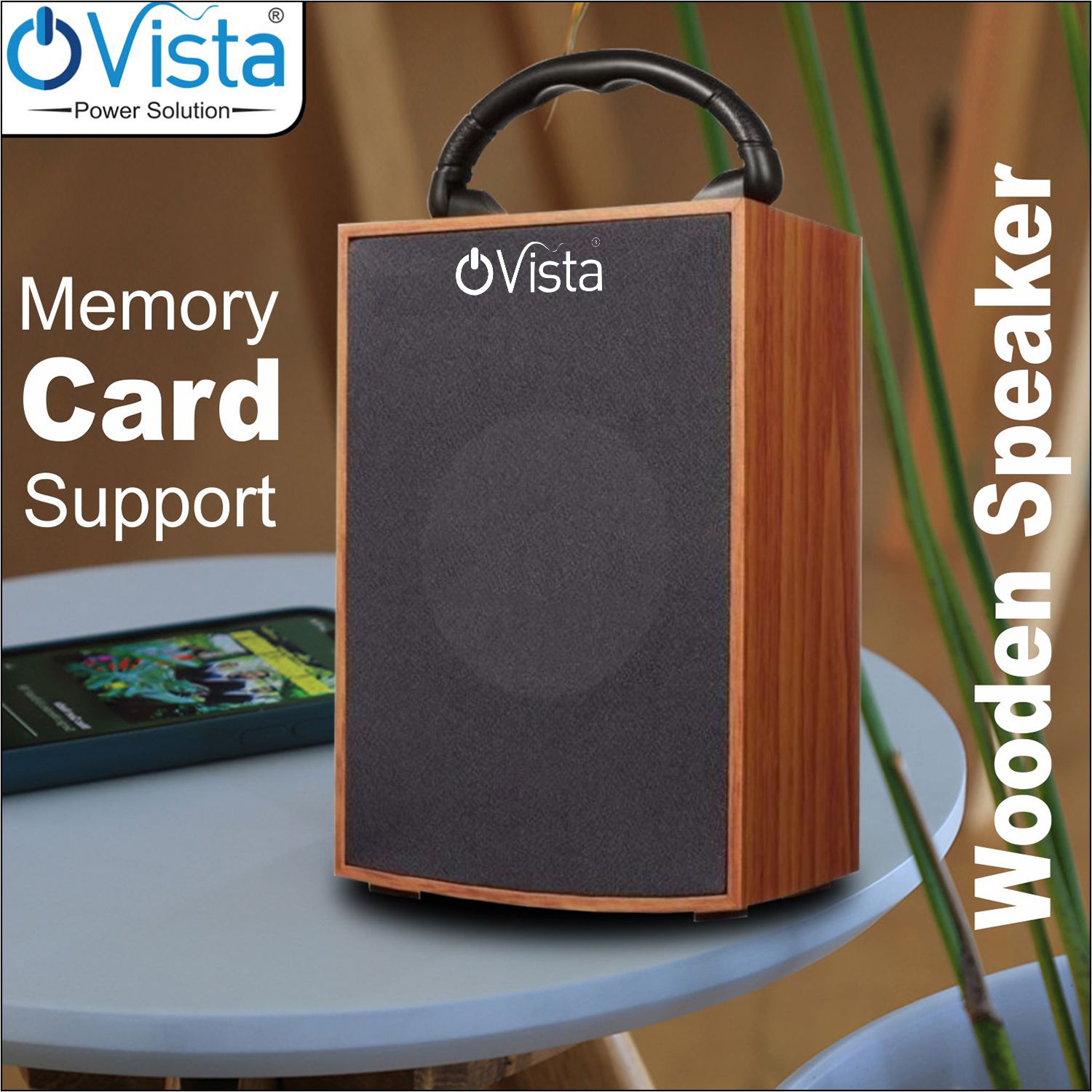 Ovista portable Wooden speaker -5 watt.-14 hours music time .with mobile holder stand .